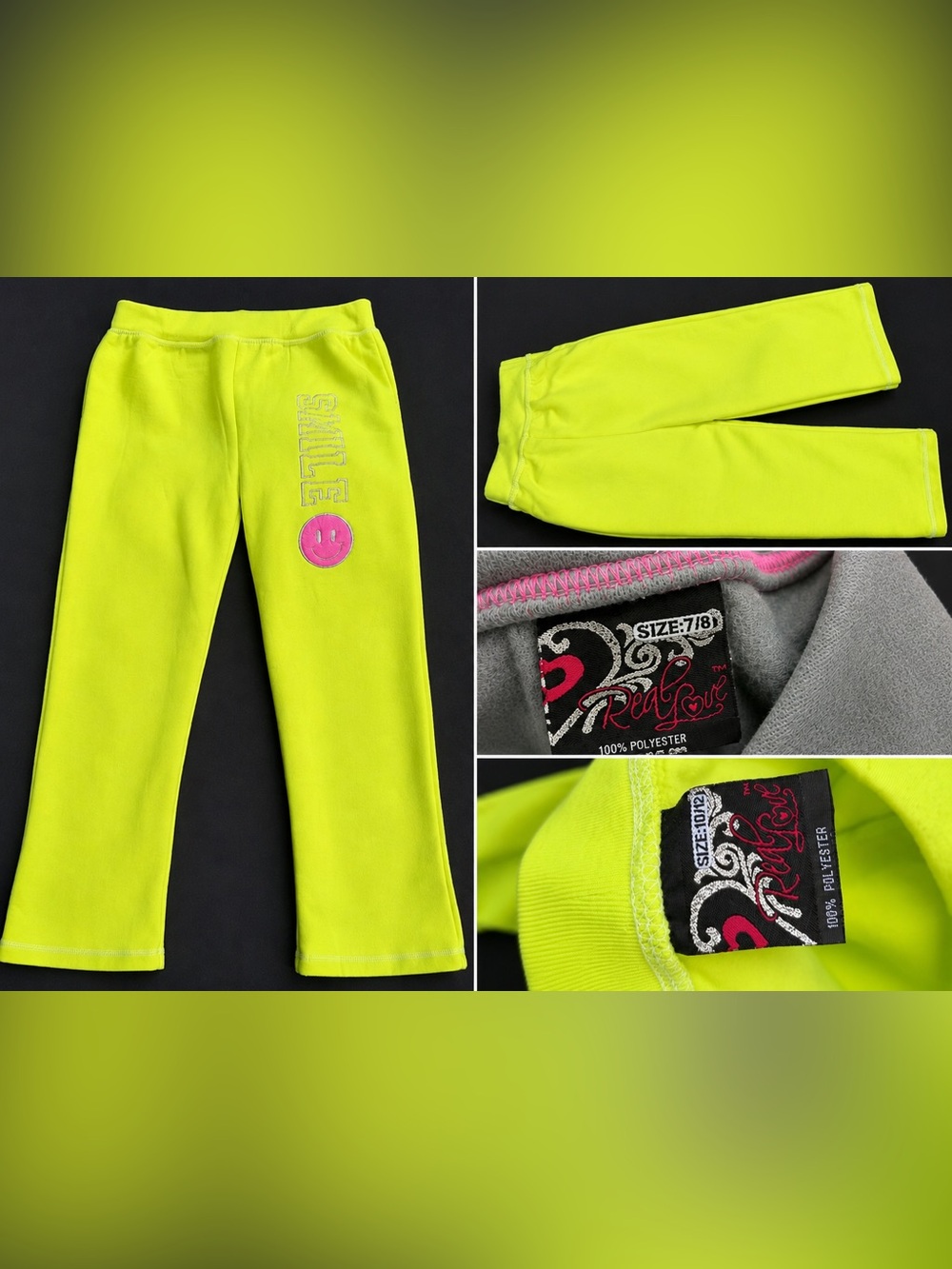 Neon Yellow Smile Fleece Kids Pants - 10-12 years old new no tag